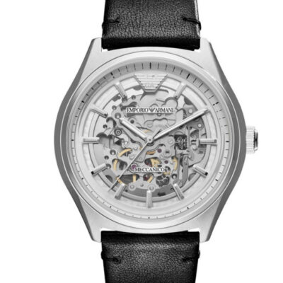 Emporio Armani Meccanico White Skeleton Dial Black Leather Strap Watch For Men - AR60003